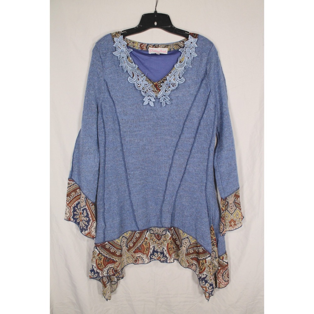 PRETTY ANGEL Blue LINEN BLEND Asymmetrical Hem LAGENLOOK Sweater TUNIC TOP XL